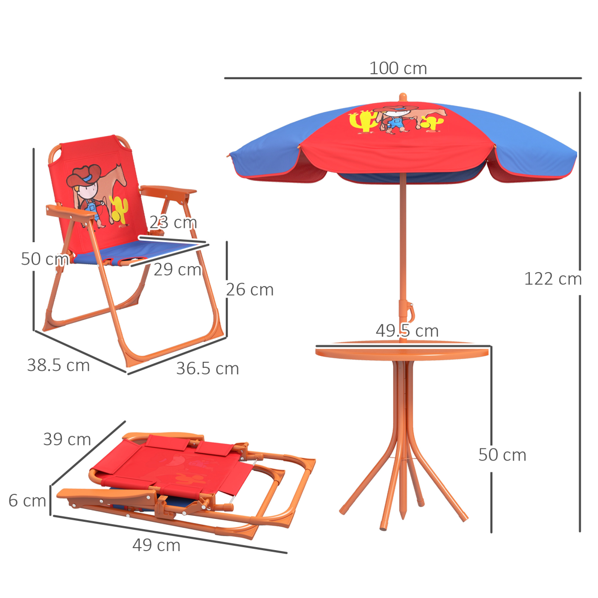 Kids Cowboy-Themed Garden Set – 4-Piece Table, Chairs & Adjustable Parasol (Ages 3–6)