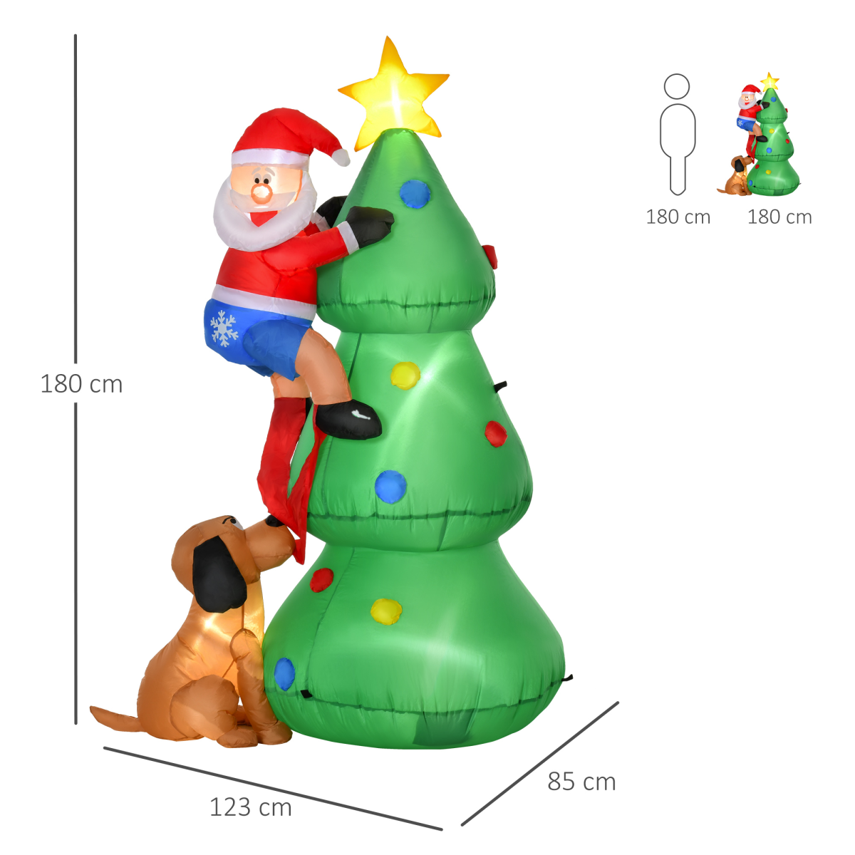 Inflatable Christmas decoration with Santa Claus on a tree, dog, and measurements.