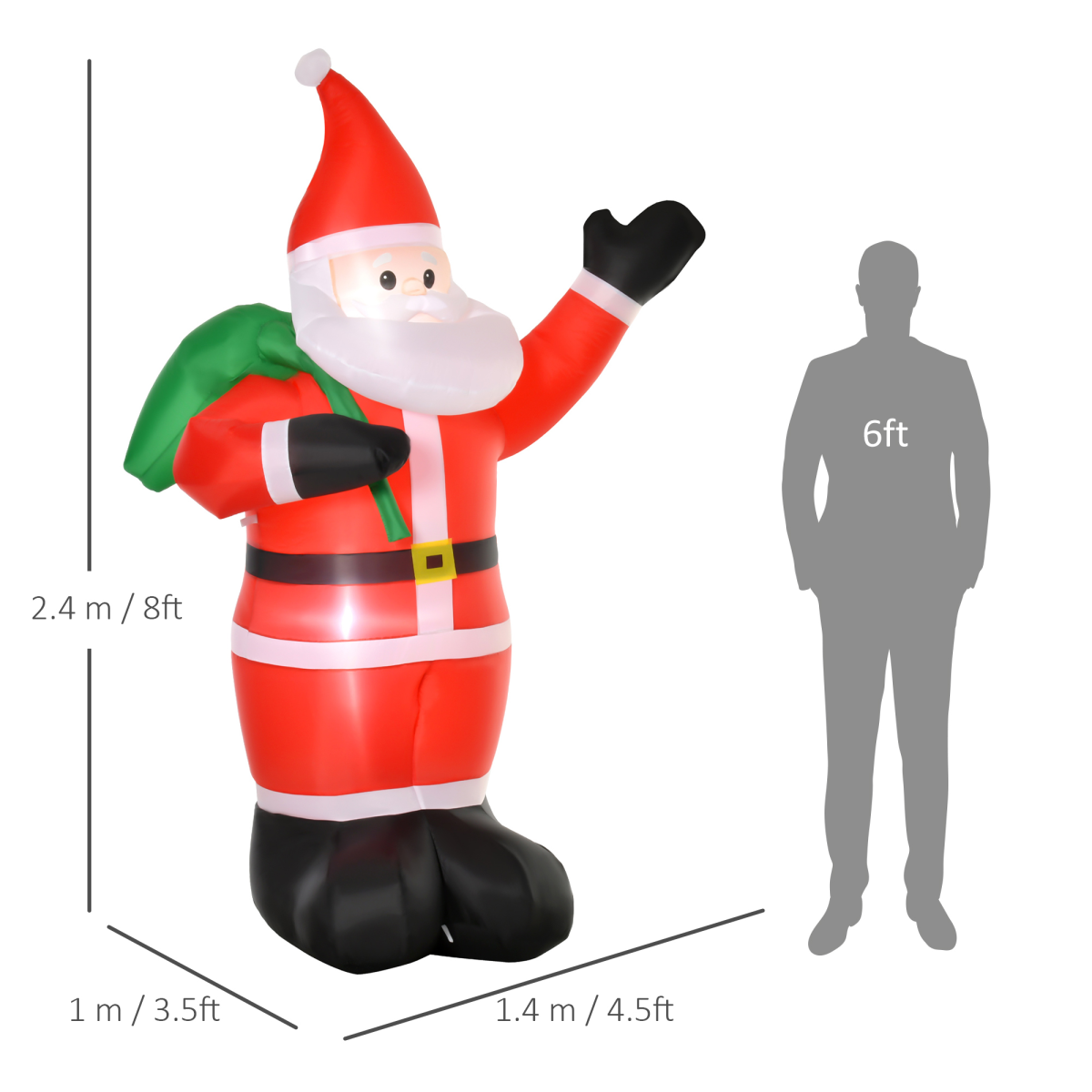 Inflatable Santa Claus figure with dimensions and a comparison to a person's height on a white background.