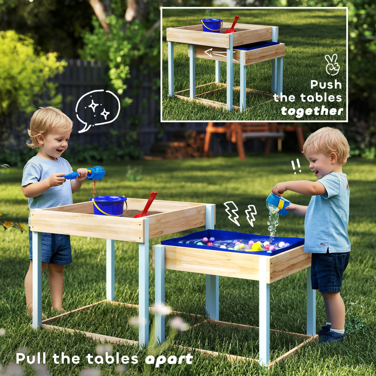 Dual Wooden Sand & Water Play Tables – Compact Nesting Design