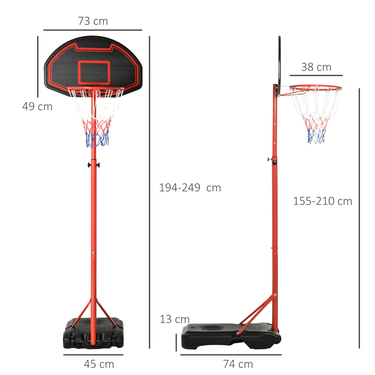 200-250cm Adjustable Basketball Hoop Backboard  w/ Wheels For Kids