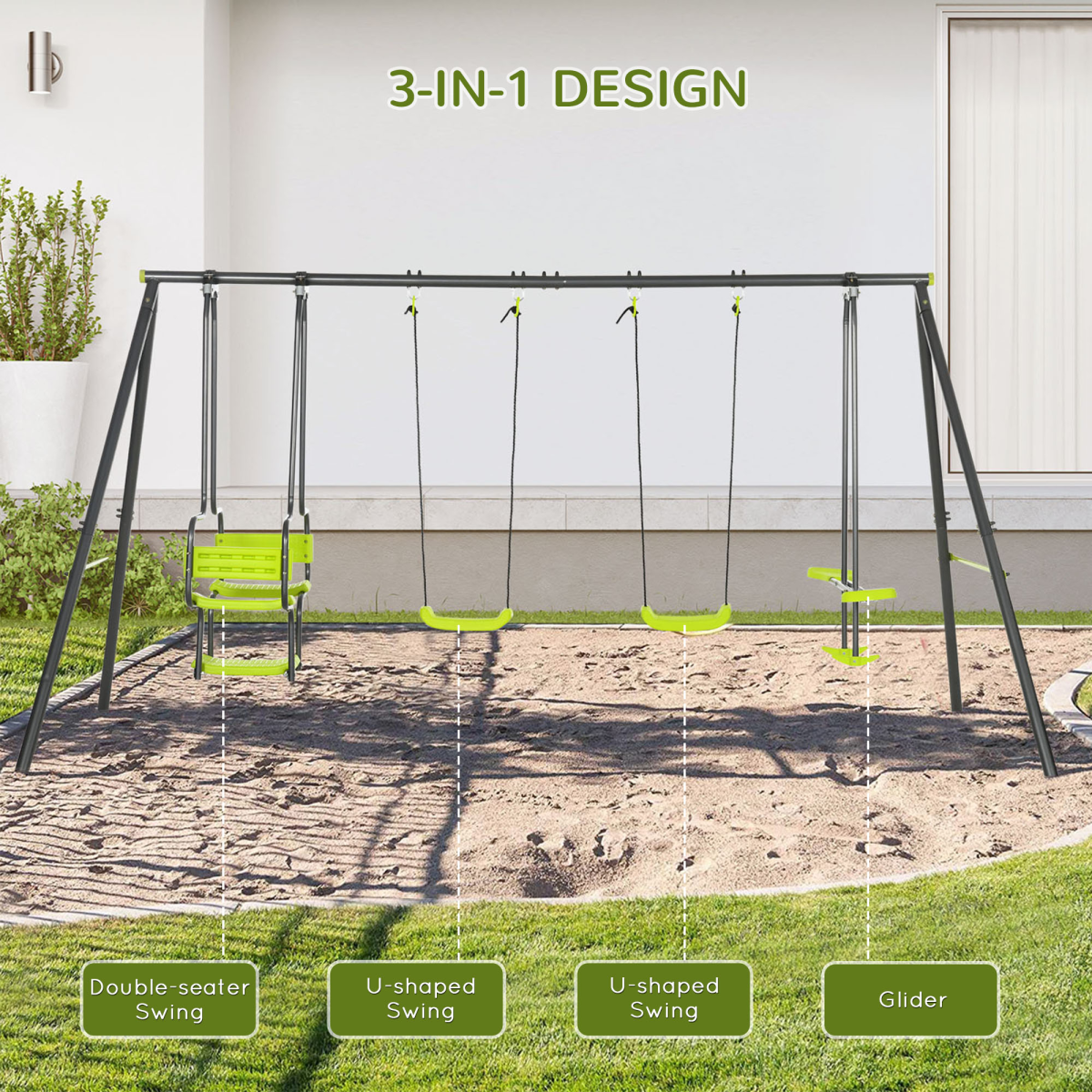 6-in-1 Kids Outdoor Swing Set – Green & Black