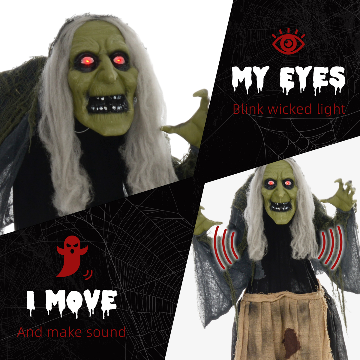 160cm Hunchback Witch Halloween Animatronic with Moving Head & Glowing Eyes – Khaki/Grey/Black