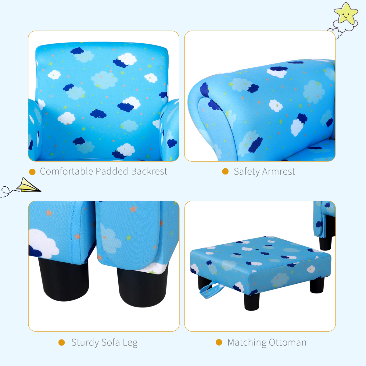 Cute Cloud Star Child Armchair Seat Wood Frame w/ Footrest Padding Blue