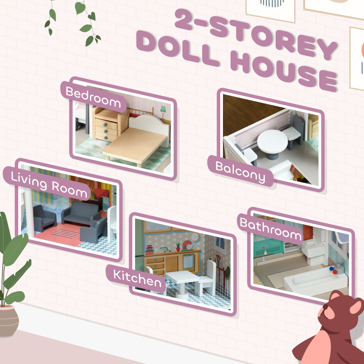 Wooden Dollhouse with Furniture & Balcony – Multicolour (60cm, Ages 3–6)