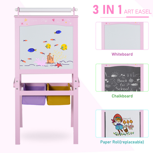HOMCOM 3-in-1 Kids Art Easel with Whiteboard, Chalkboard & Paper Roll