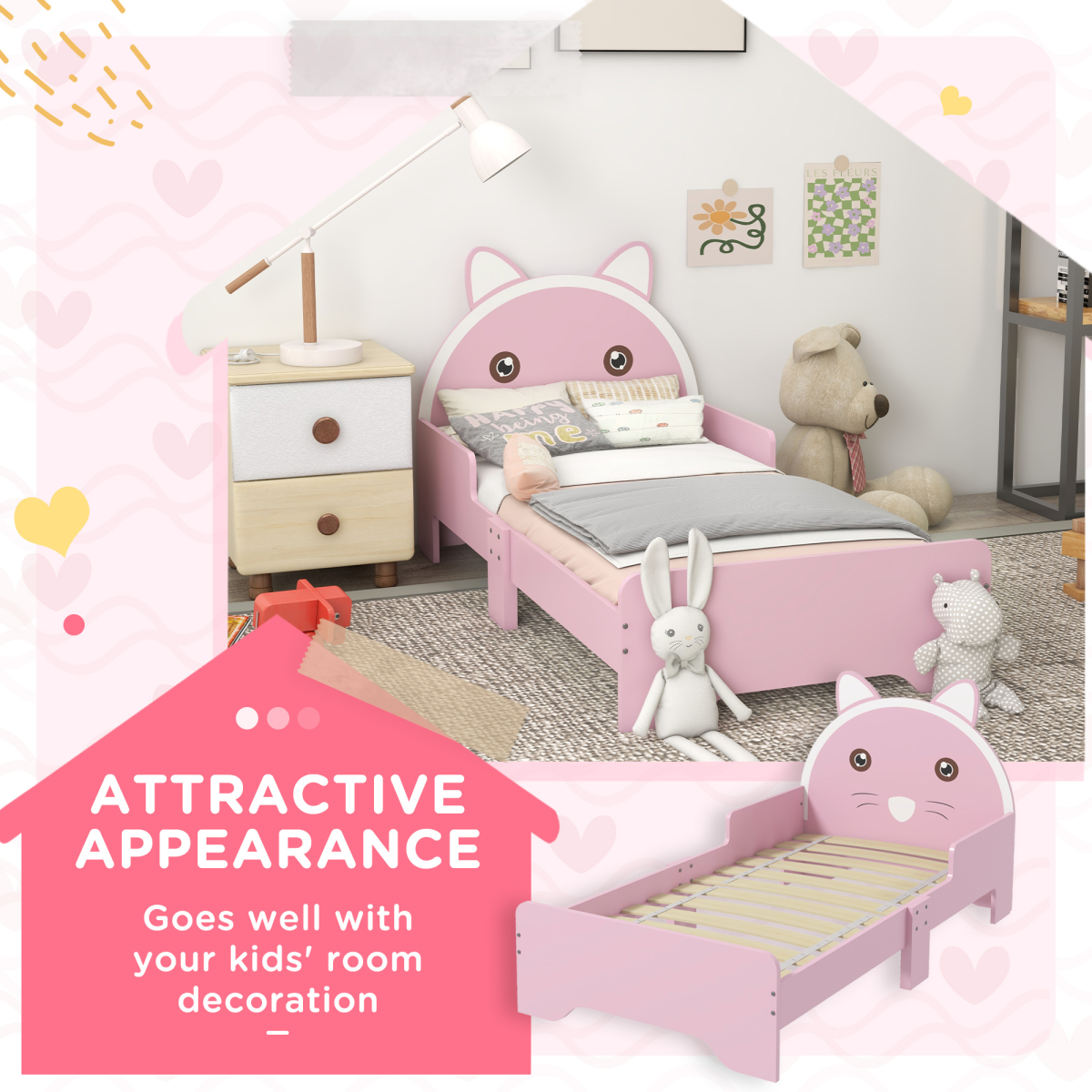 Kids Cat Bed Frame with Guardrails – Pink (Ages 3–6)