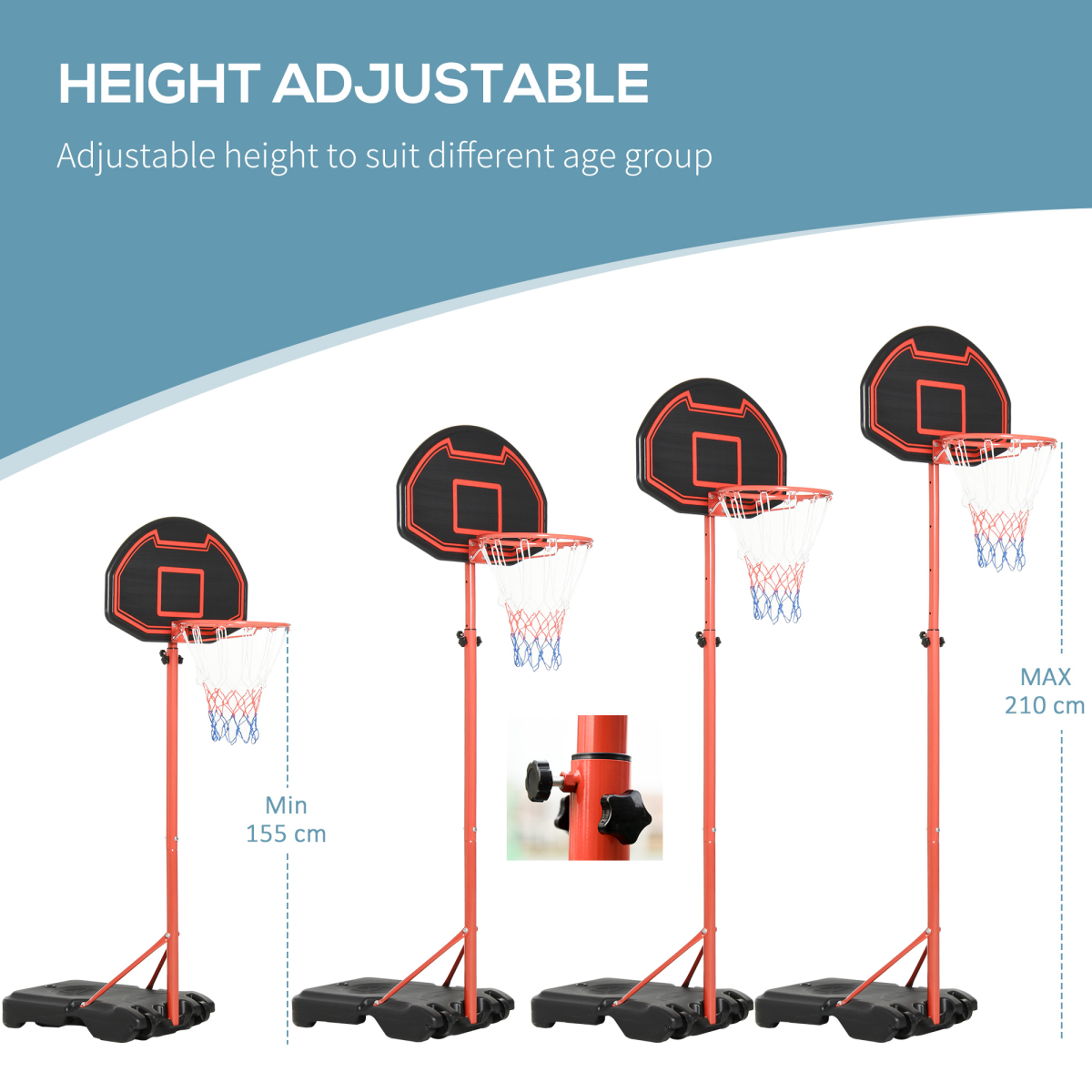 200-250cm Adjustable Basketball Hoop Backboard  w/ Wheels For Kids