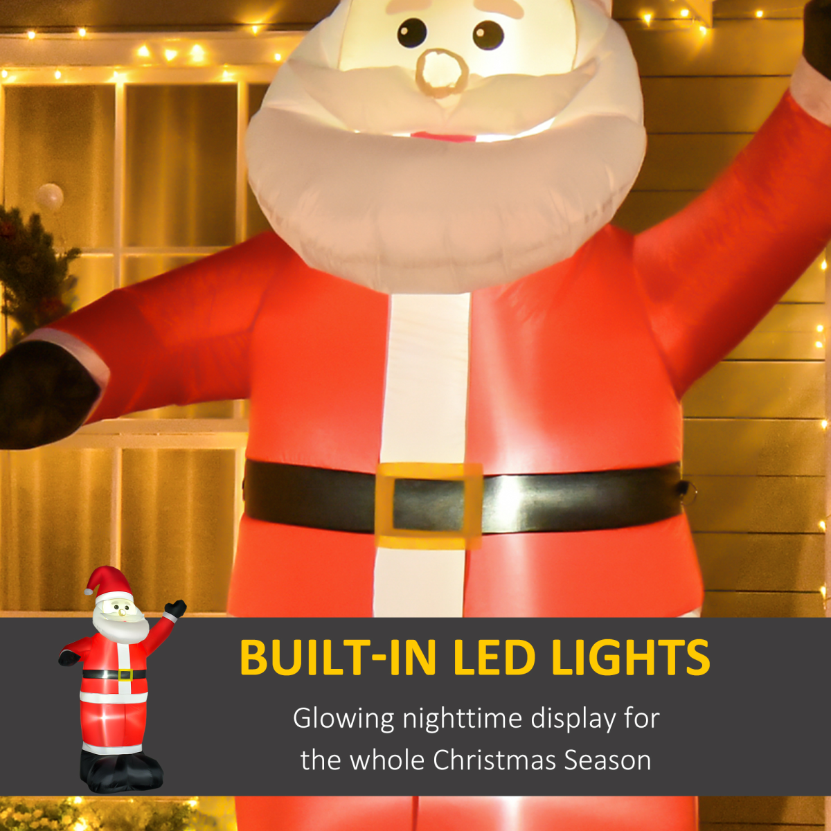 Inflatable Santa Claus figure with built-in LED lights, set against a wooden wall with lights.