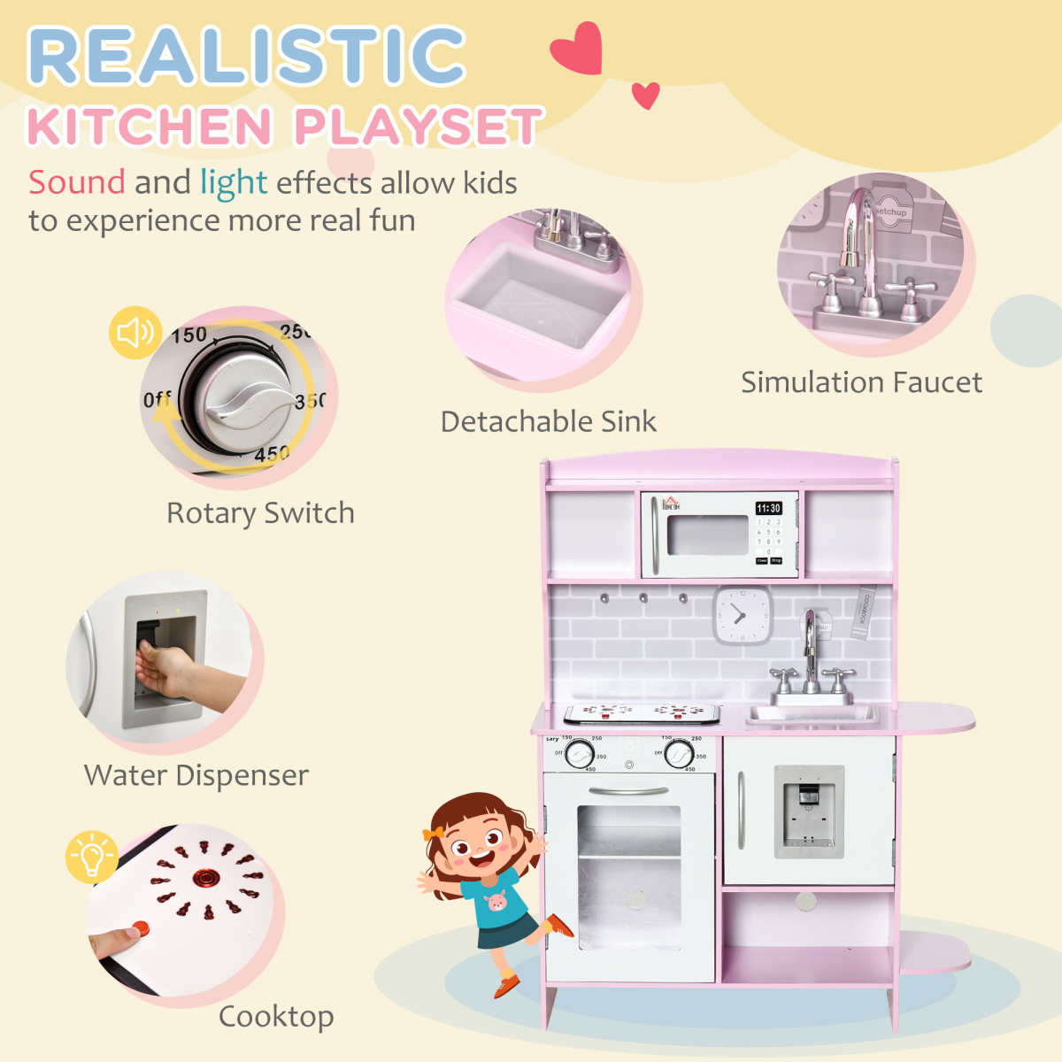HOMCOM Kids Kitchen Set with Lights & Sounds (Ages 3–6)