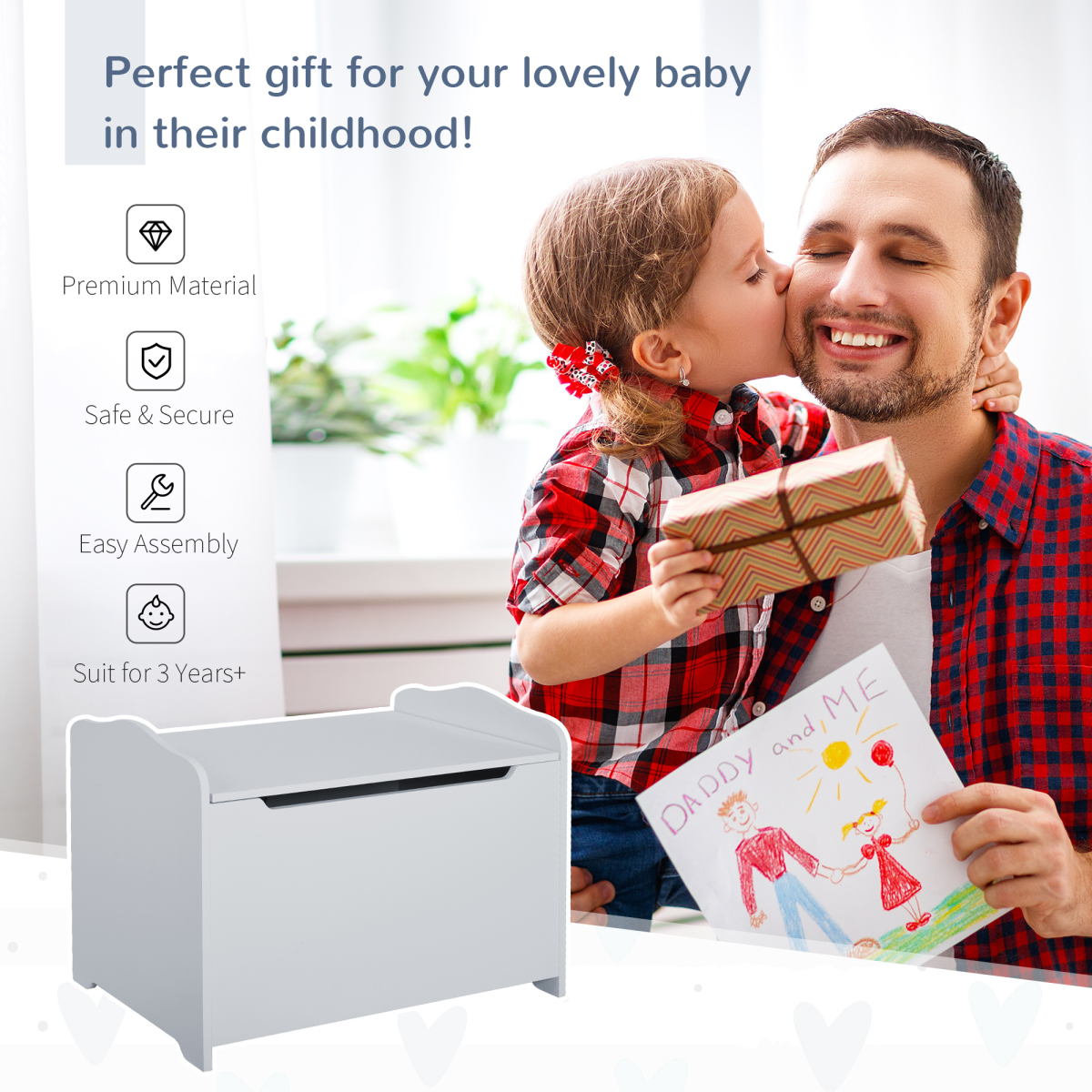 Kids Wooden Toy Storage Box with Safety Lid – White (Ages 3+)