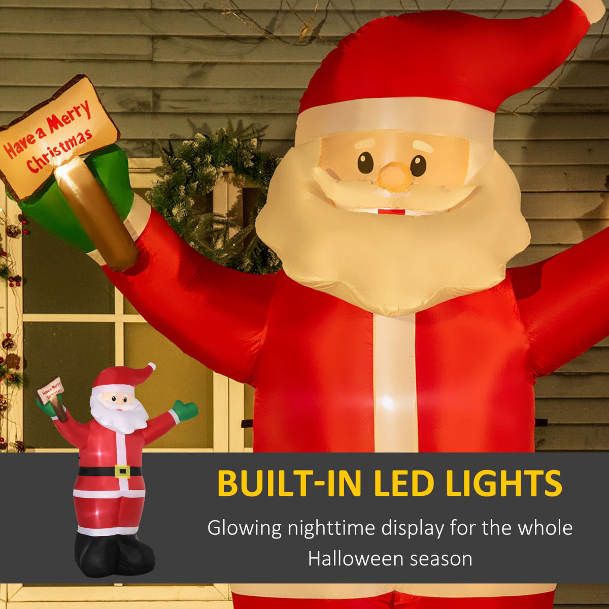 Inflatable Santa Claus decoration with built-in LED lights, holding a sign.