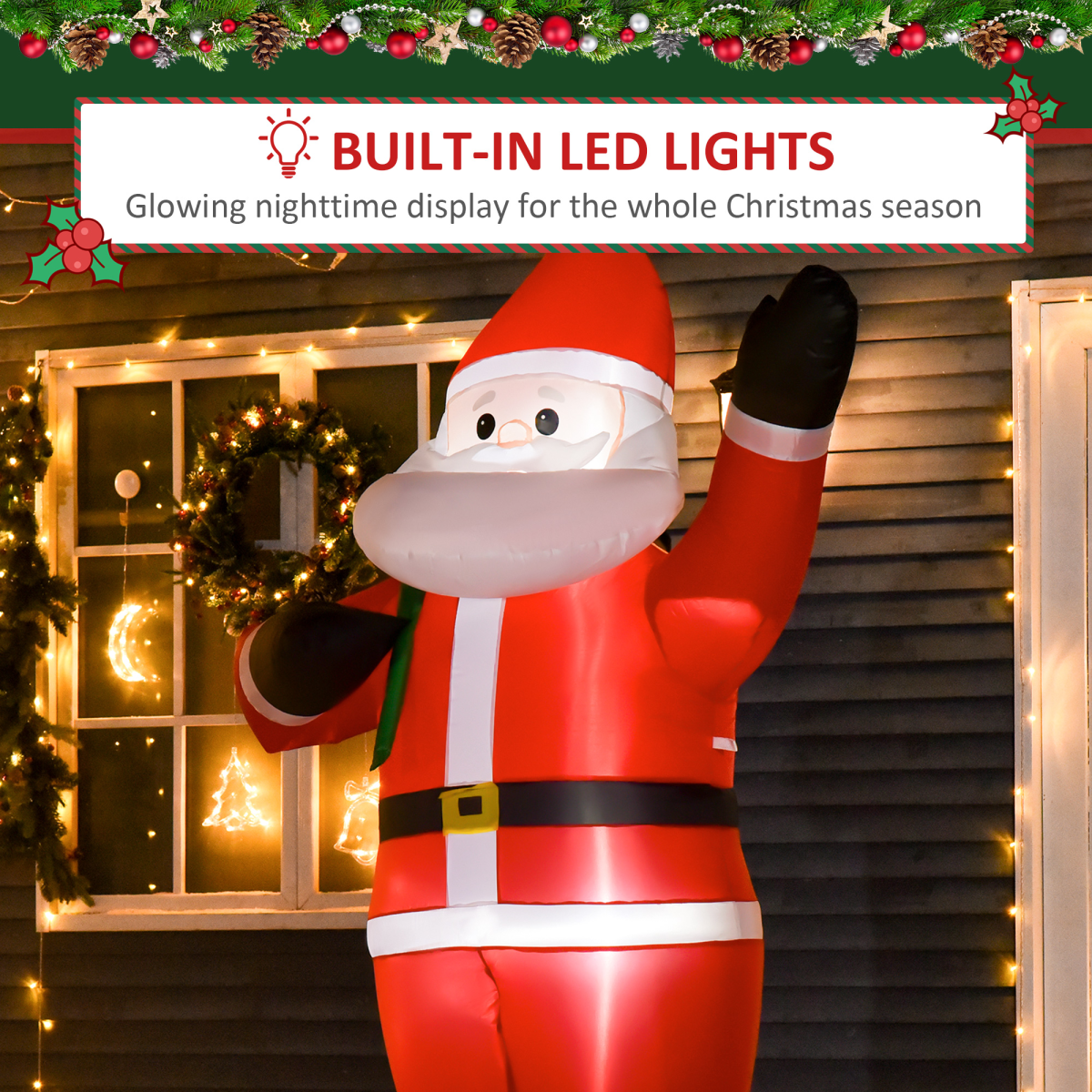 Inflatable Santa Claus decoration with built-in LED lights in front of a house decorated for Christmas.