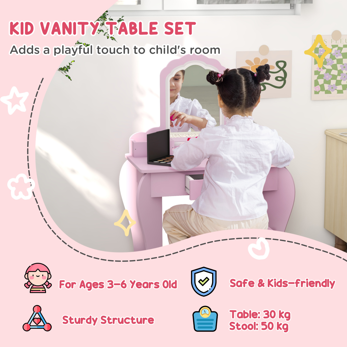 Kids Vanity Table & Stool Set with Cloud Mirror – Pink