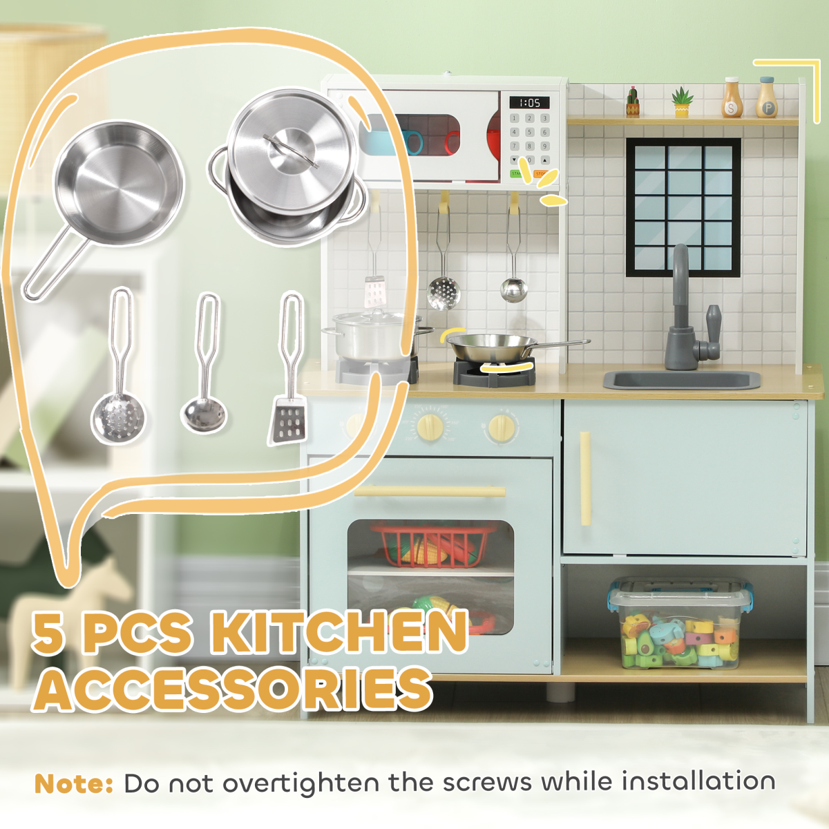 Kids Wooden Play Kitchen with Stove, Oven & Sink – Blue & White