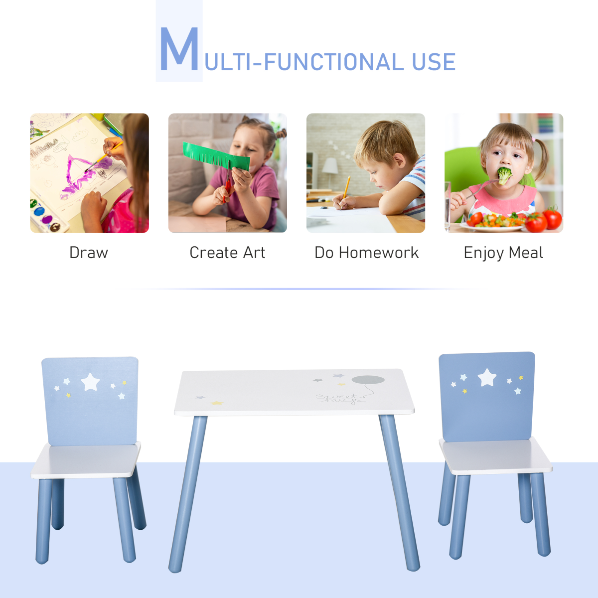 Kids 3-Piece Table & Chair Set with Stars & Balloons Design – White & Blue (Ages 2–4)