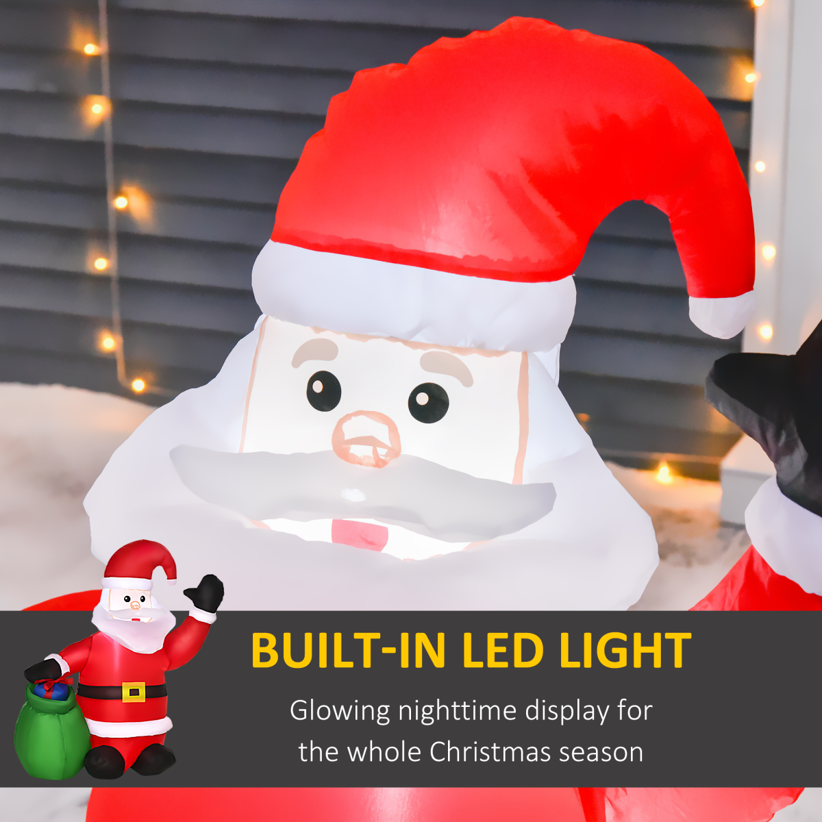 Inflatable Santa Claus decoration with built-in LED light, set against a blurred indoor background.