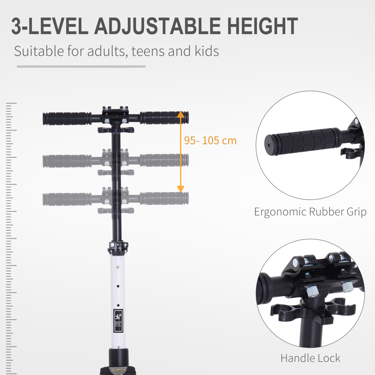 Folding Kick Scooter Teens Adult Ride On Adjustable 2 Big Wheels White