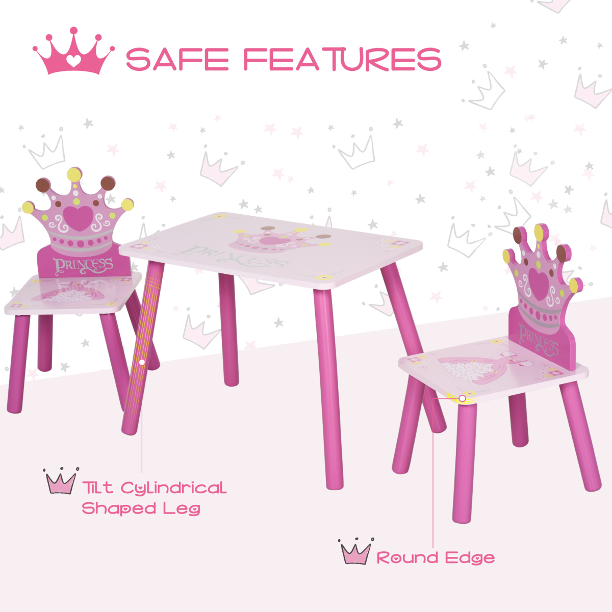 Kids 3-Piece Princess Table & Chair Set – Pink Crown Design (Ages 3+)
