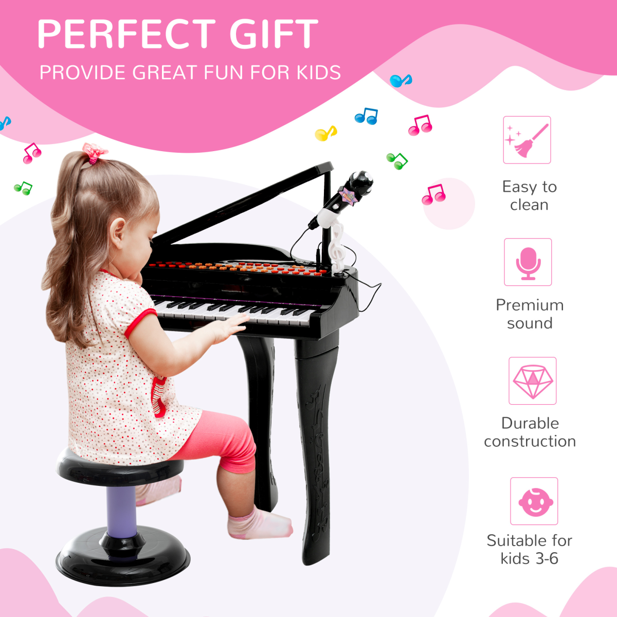 Kids 37-Key Electronic Piano Keyboard with Microphone & Stool – Black