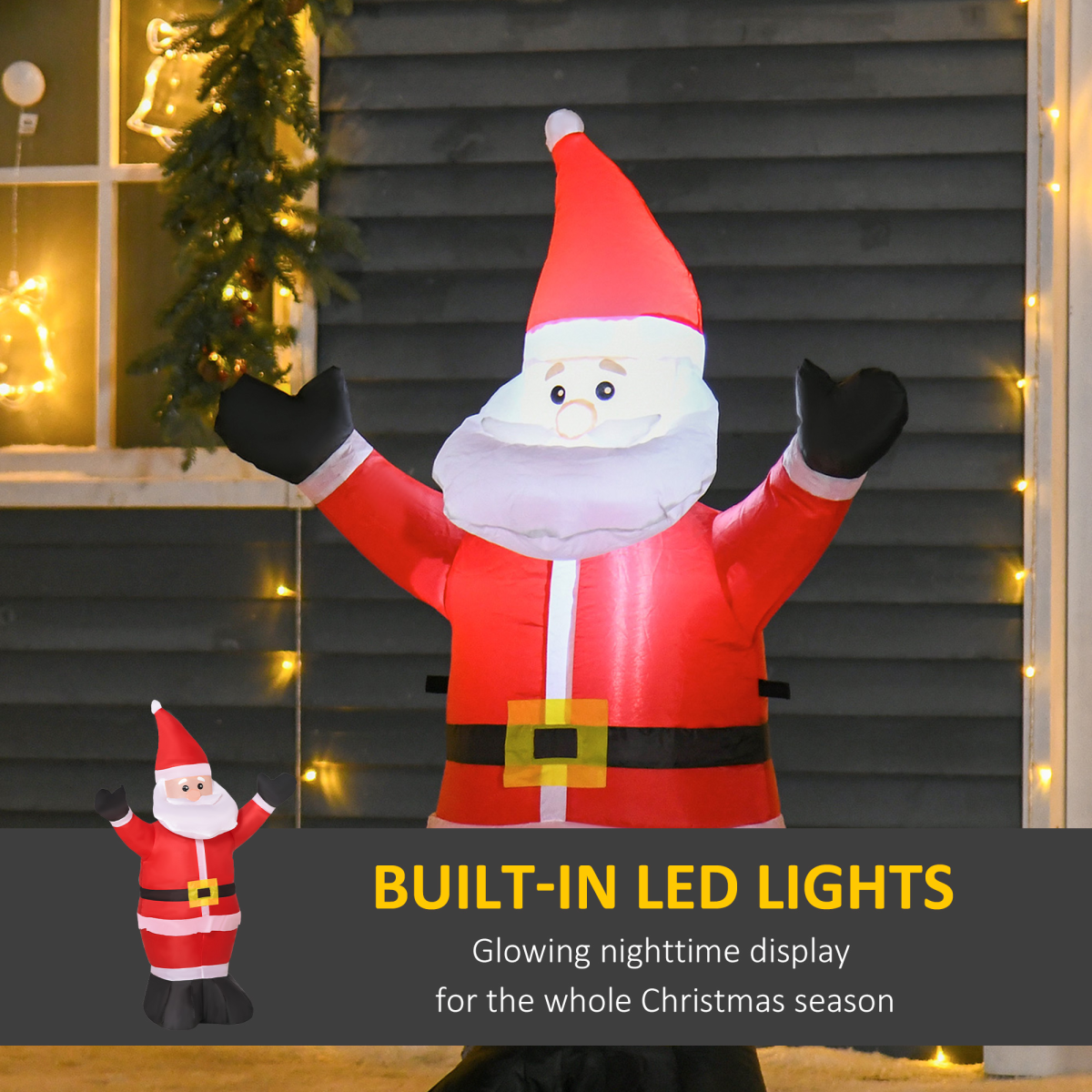 Inflatable Santa Claus decoration with built-in LED lights in front of a house with Christmas decorations.
