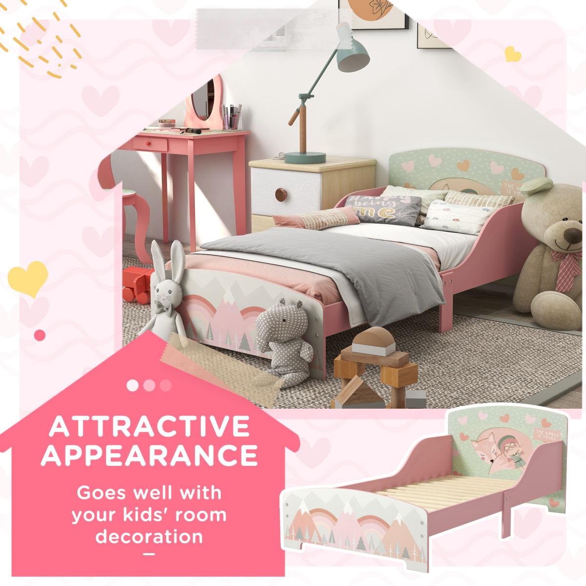 Kids Animal Bed Frame with Side Panels – Pink (Ages 3–6)