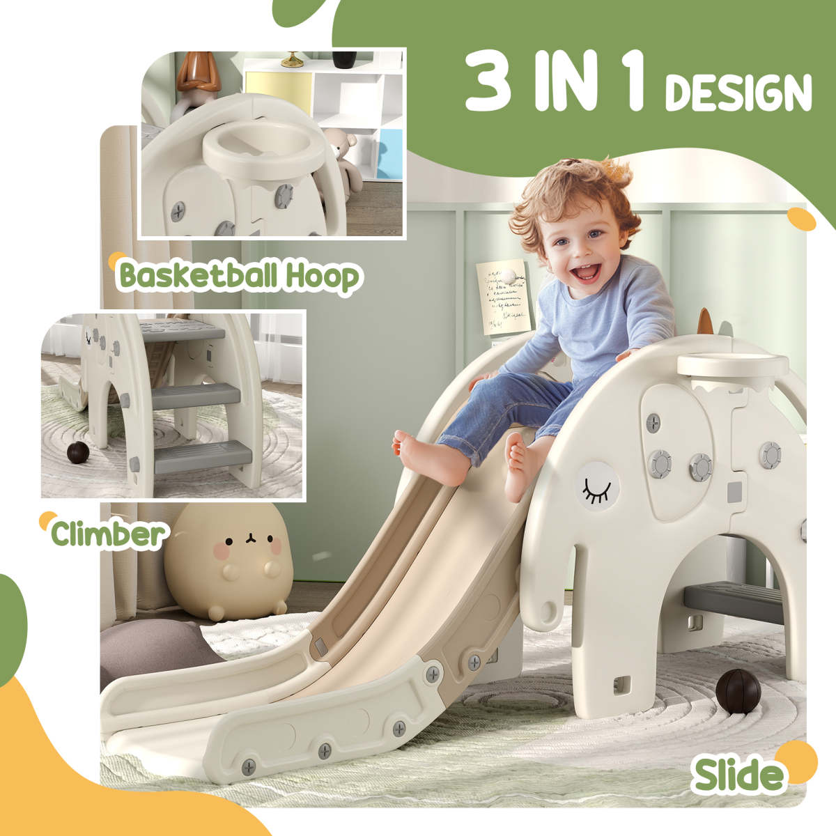 AIYAPLAY 3 in 1 Kids Slide for 1-3 Years, Elephant-Themed Indoor Slide