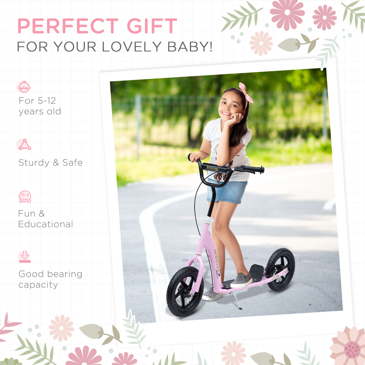 Kids Kick Scooter with Adjustable Handlebar – Pink