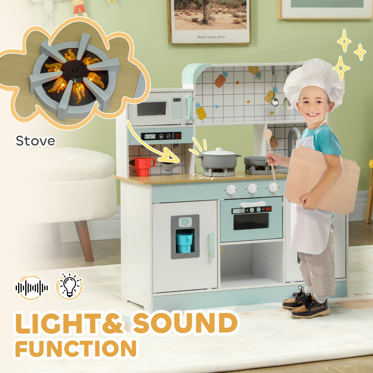 Kids’ Wooden Play Kitchen Set with Light & Sound – White & Blue