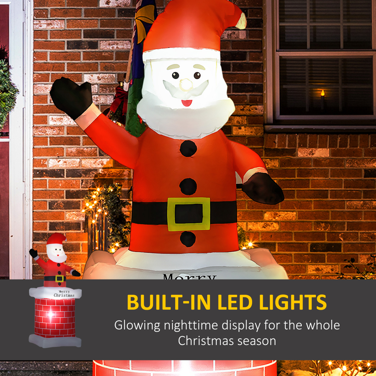 Inflatable Santa Claus decoration with built-in LED lights in front of a brick wall.