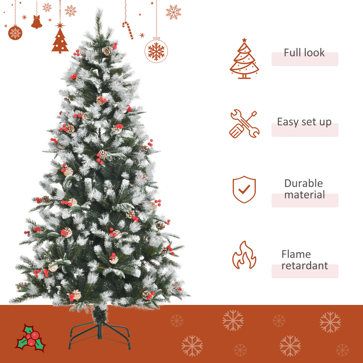Decorated Christmas tree with features listed on a white background