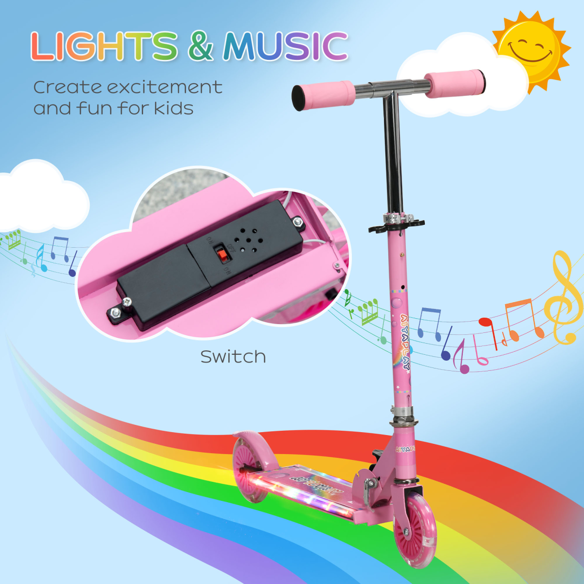 Kids Scooter with Lights & Music – Adjustable & Foldable, Pink (Ages 3–7)