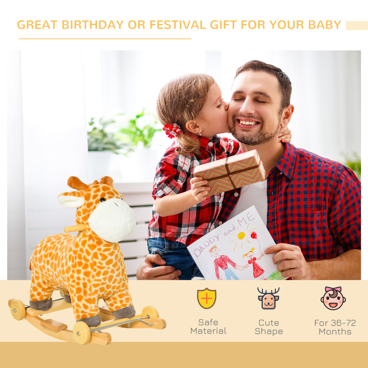 Kids 2-in-1 Giraffe Rocking Horse with Wheels & Sound – Wooden Frame Plush Ride-On Toy