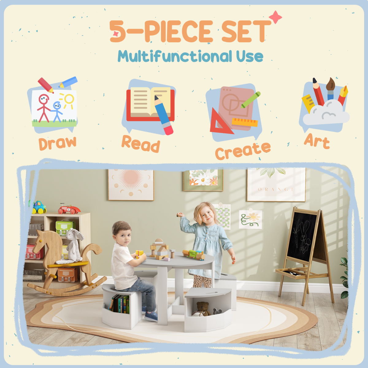 5-Piece Kids Table and Chair Set with Hidden Storage – Grey & White