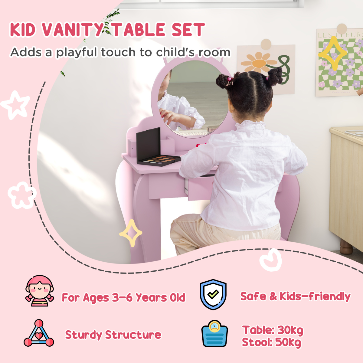 Kids Vanity Table & Stool Set with Cat Design – Pink