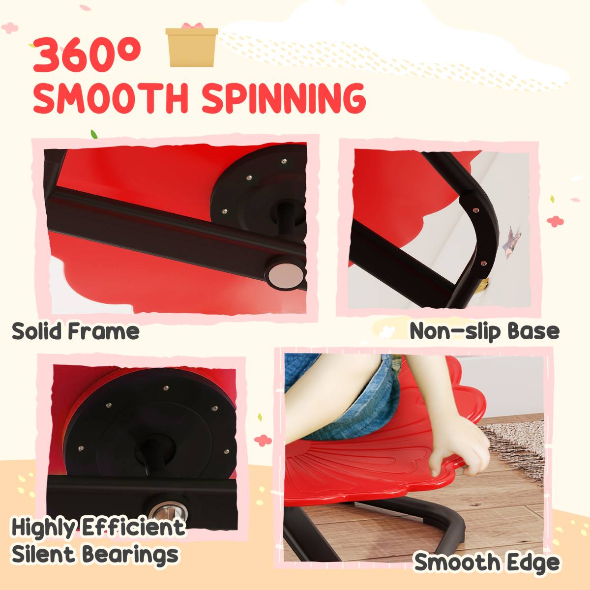 Kids’ 360° Swivel Flower Chair – Red & Black