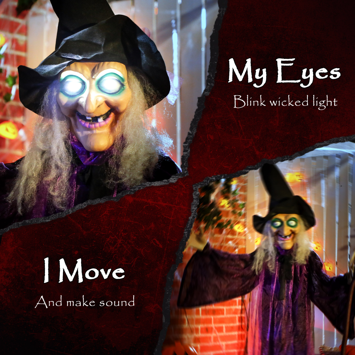 183cm Life-Size Halloween Witch with Rotating Head, Sound & Lights – Purple/White