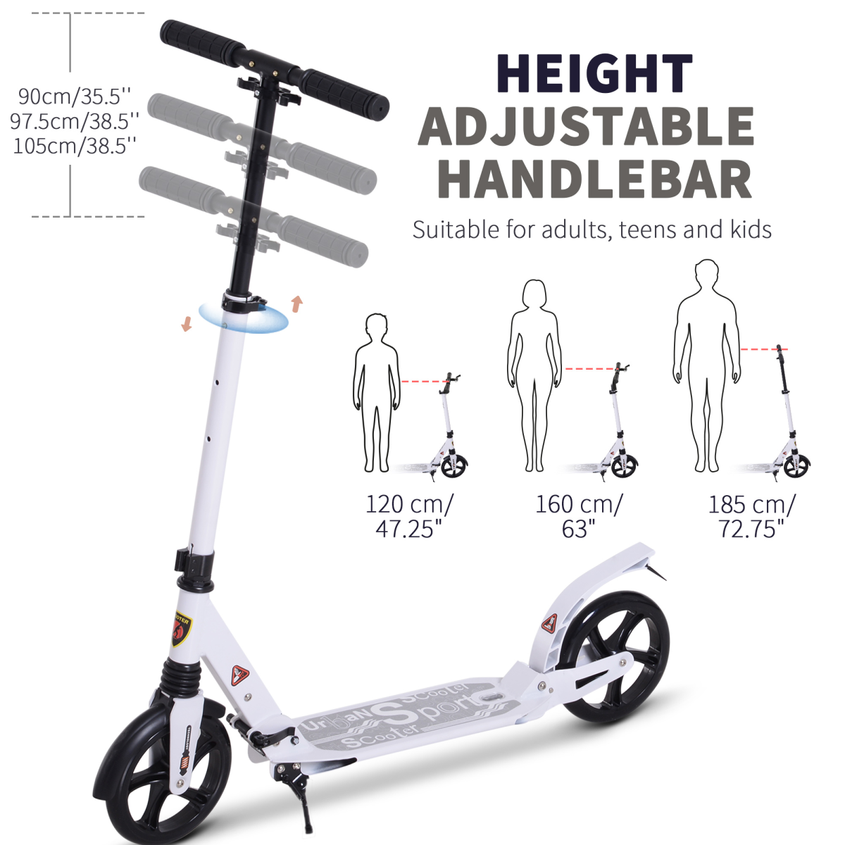 Kick Scooter Folding 2 Big Wheels Adjustable  Adult Teens For 14 White