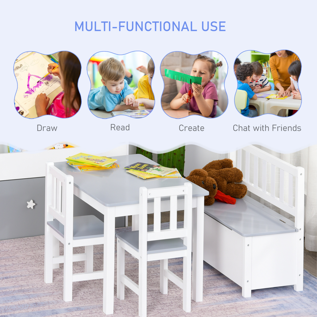 🪑 4-Piece Kids Wooden Table & Chair Set with Storage