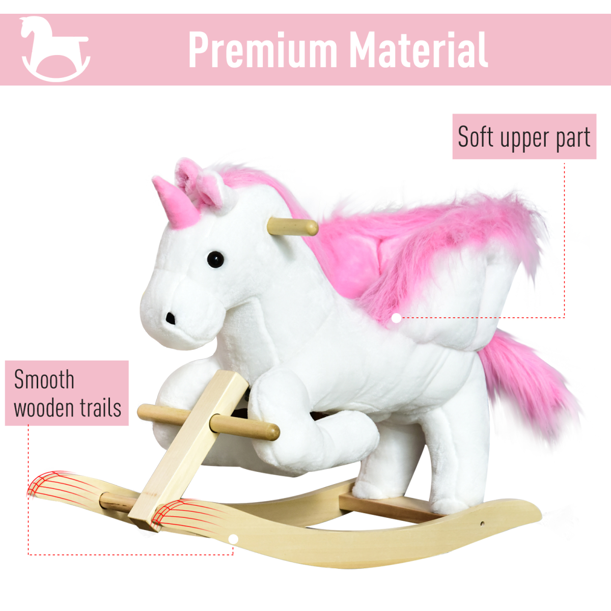 HOMCOM Kids Wooden Ride-On Unicorn Rocking Horse with Music – Pink & White (18+ Months)