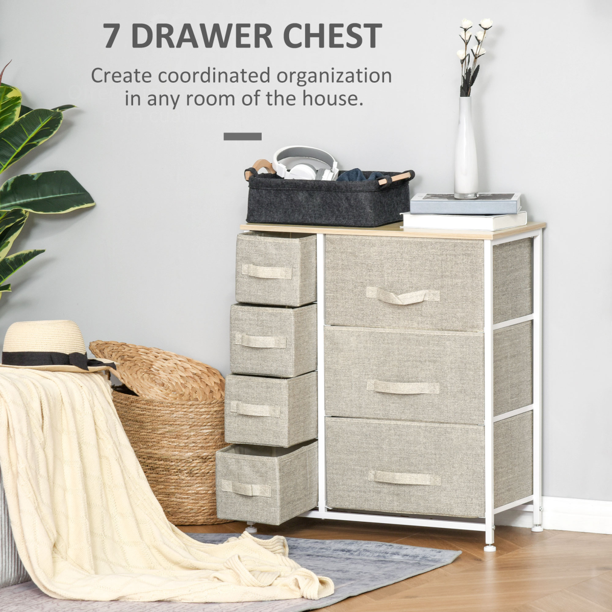 7-Drawer Storage Cabinet with Steel Frame & Flat Top – Grey