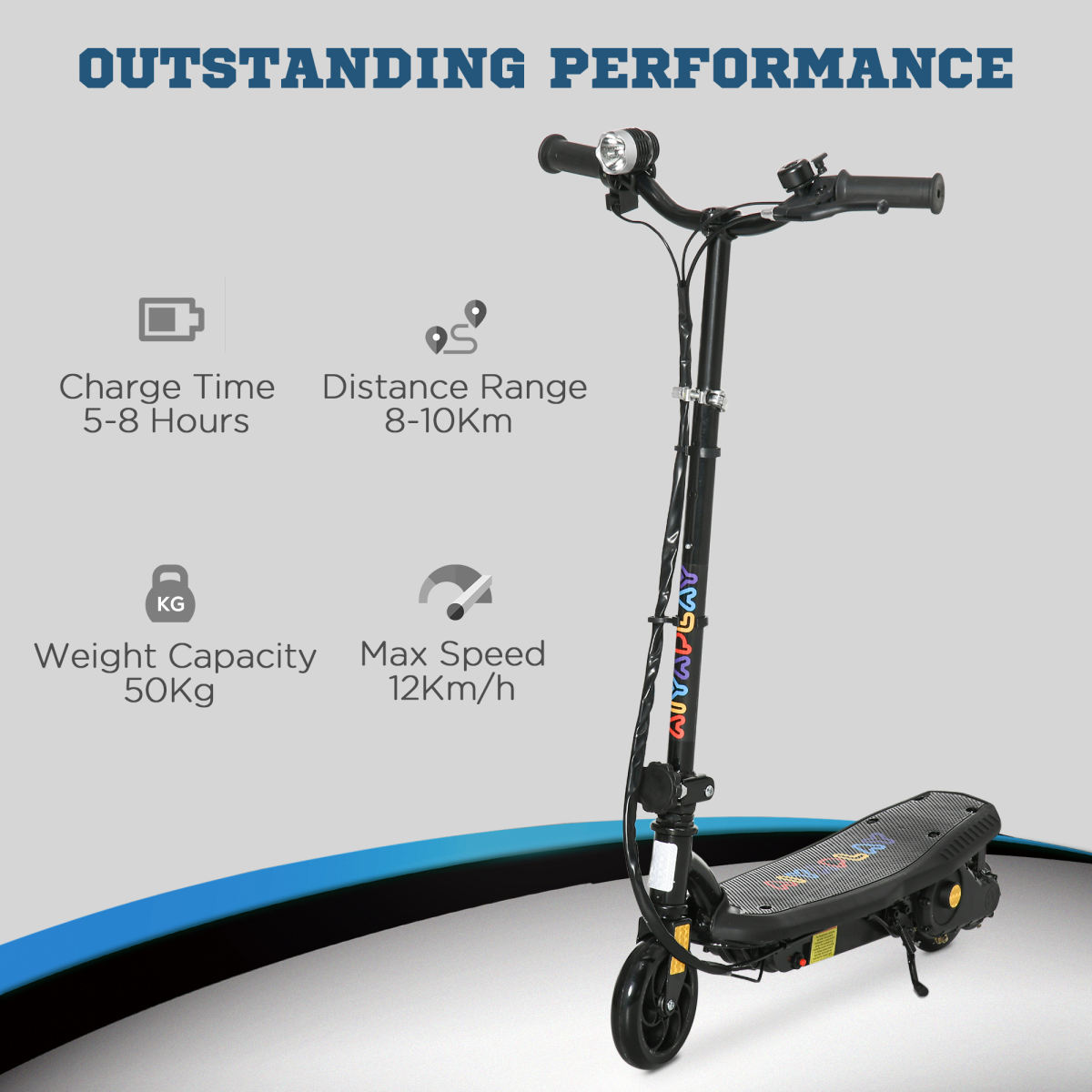 Folding Electric Scooter E-Scooter w/ LED Headlight, for Ages 7-14 Years - Black
