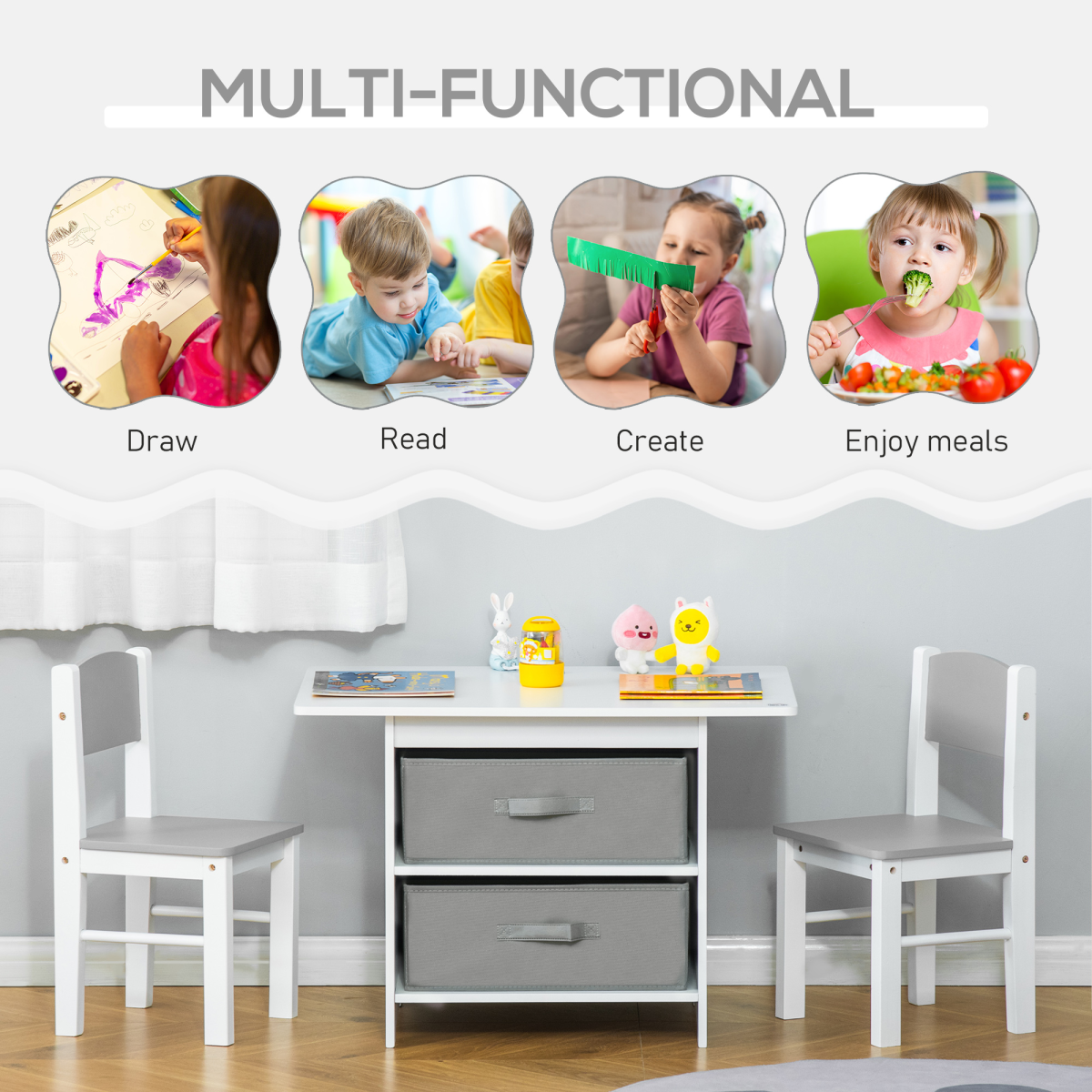 3 Pcs Kids Table & Chairs Set Toddler Furniture Storage Drawers