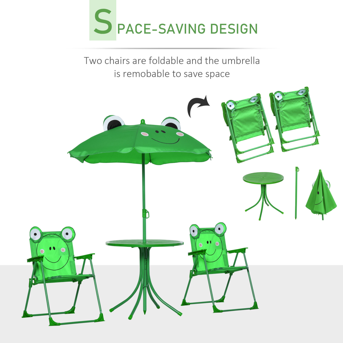 Foldable Patio Kids Metal Picnic Table with Frog Umbrella – 4-Piece Set