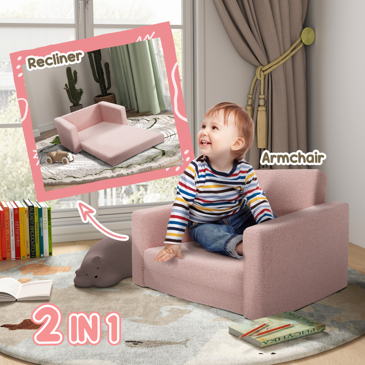 Kids 2-in-1 Sofa Bed – Foldable Toddler Chair & Lounger (Pink, Ages 1.5–3)