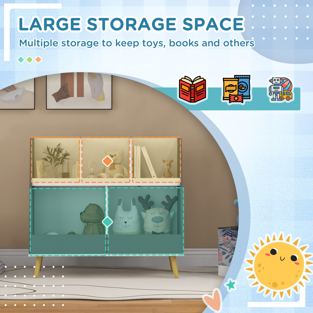 Kids Storage Shelf – Grey & White, 2-Tier with 5 Compartments HOMCOM