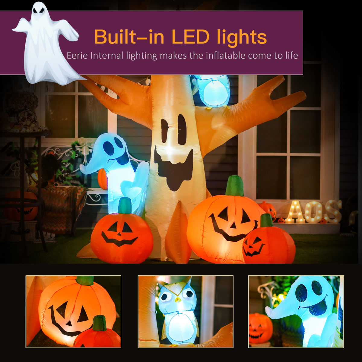 2.4m Inflatable Halloween Tree with Ghost, Pumpkins, Owl & LED Lights – Outdoor Yard Decoration