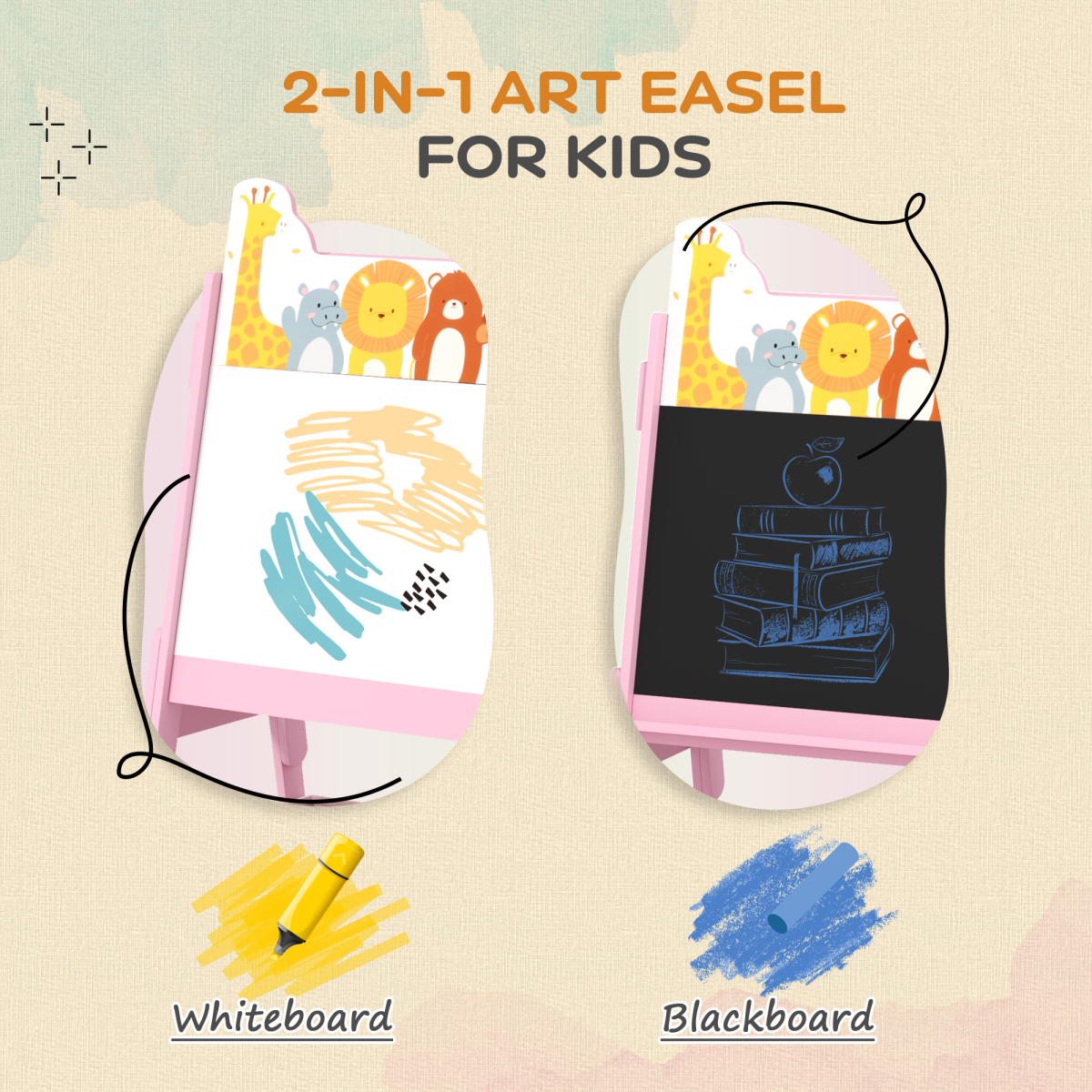 AIYAPLAY 2-in-1 Kids Art Easel – Pink,Whiteboard, Chalkboard, Storage Boxes