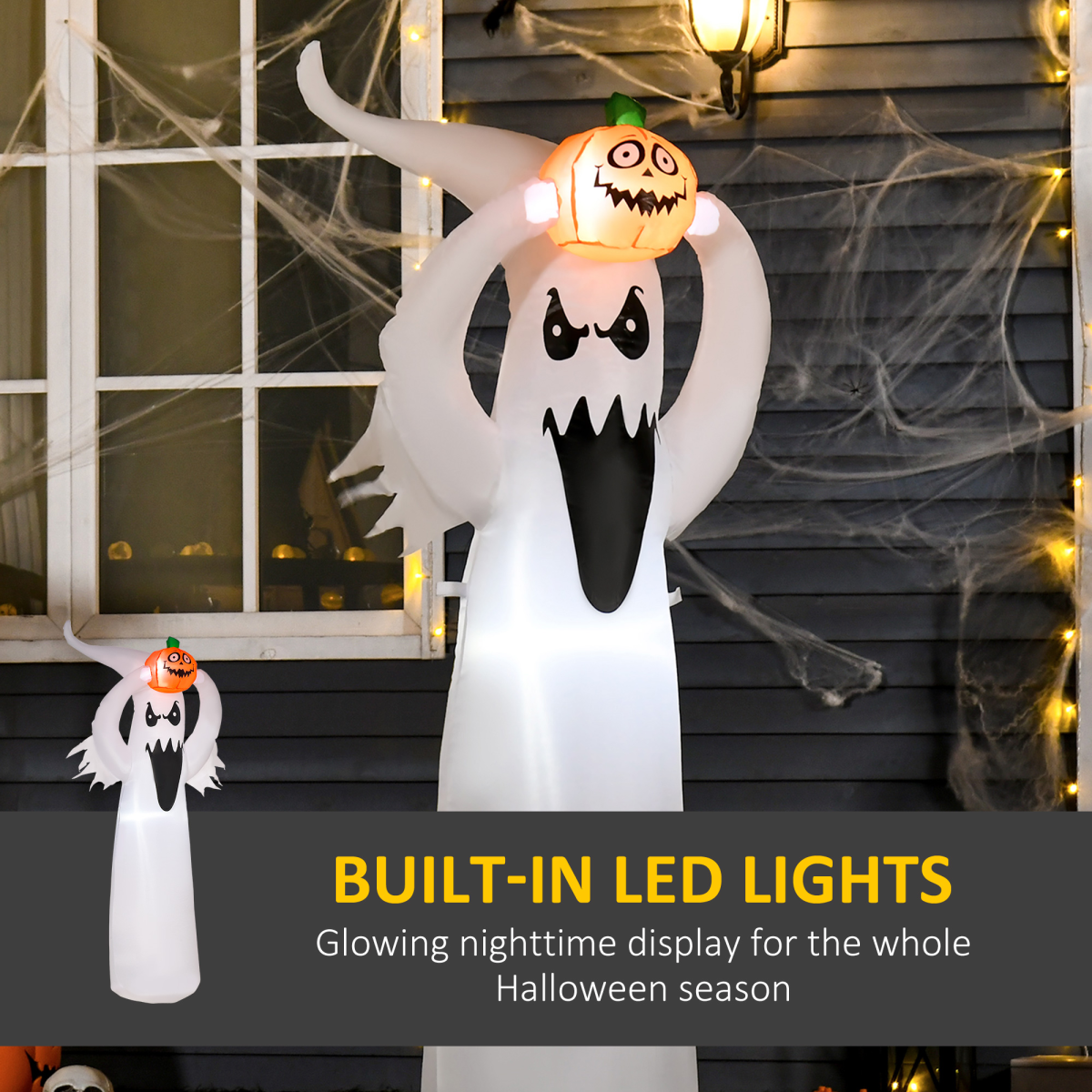 6FT (1.8m) Inflatable Ghost & Pumpkin with LED Lights – Outdoor Halloween Decoration