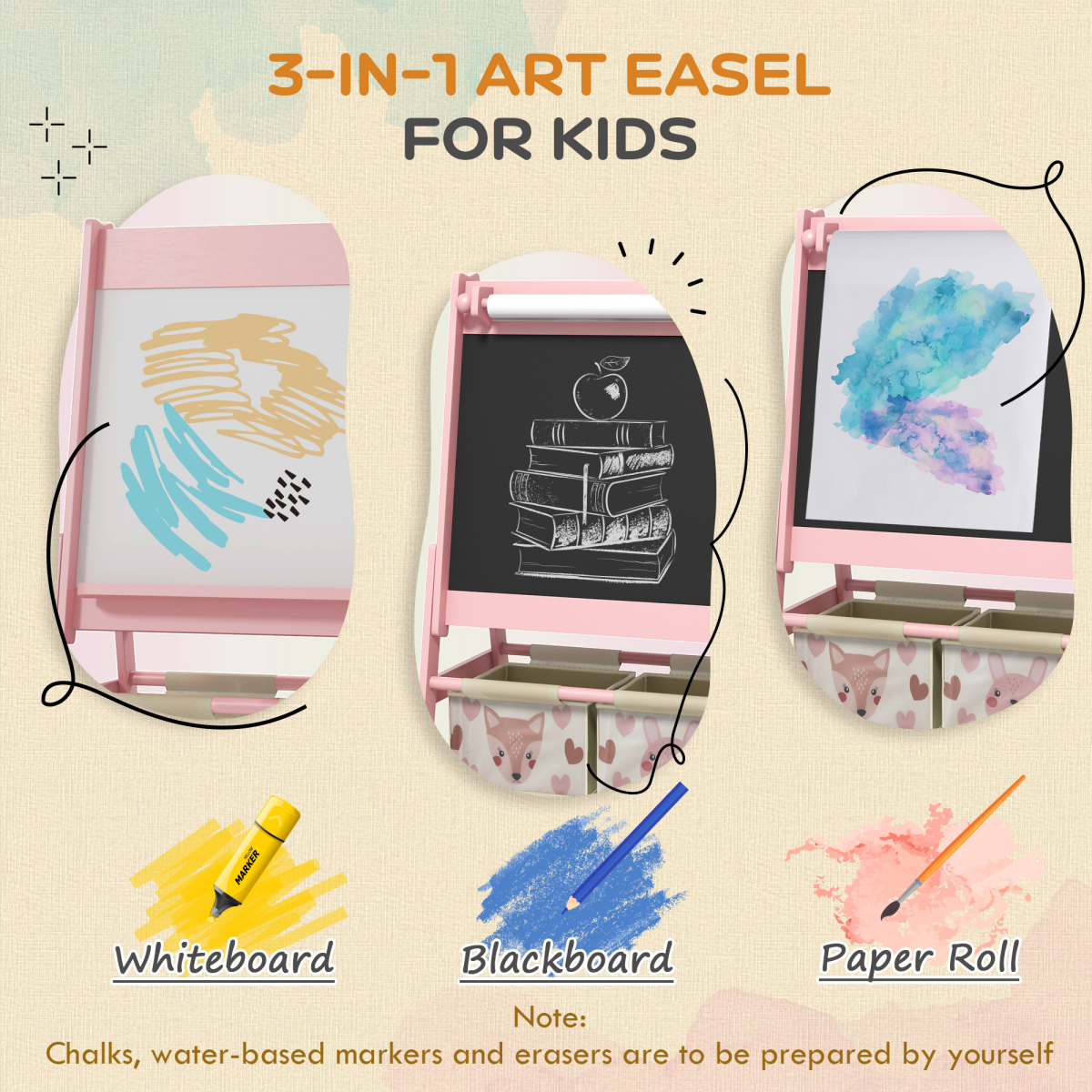 AIYAPLAY 3-in-1 Kids Art Easel – Pink Animal Design